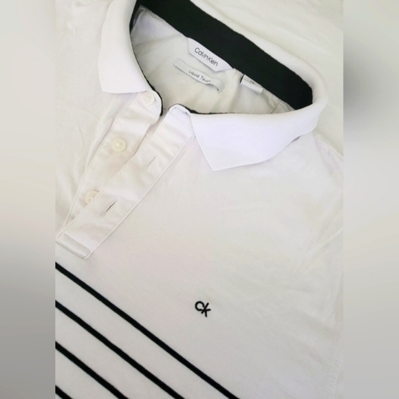 Calvin Klein Polo Liquid Touch Slim Fit Shirt Men's Large White Black Stripes - Picture 2 of 4